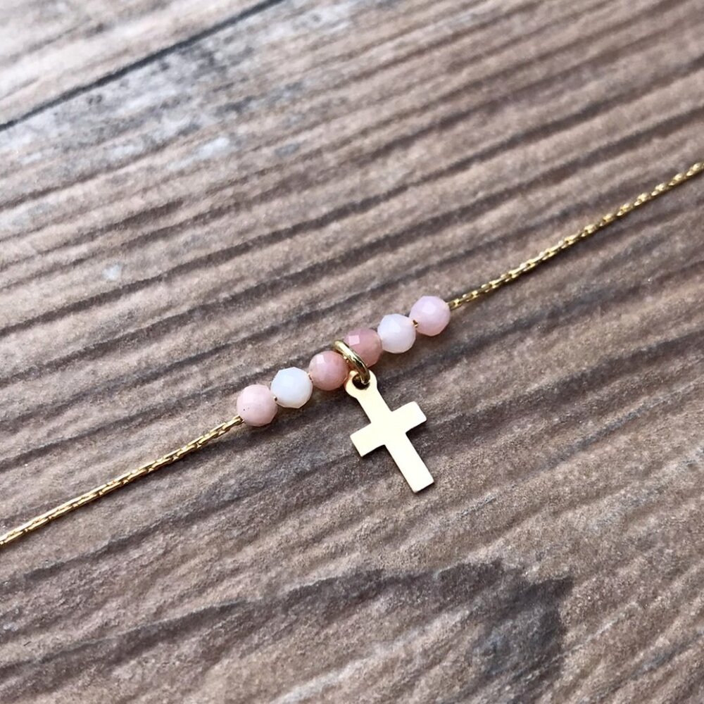 Beaded Cross necklace, gold, Easter gift, Christian gift, minimalist, gemstone,